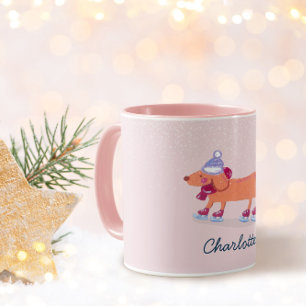 Niedlicher Dachshund-Hund Eislaufen Winter Name Ta Tasse