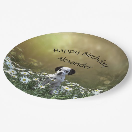 Niedlicher Dalmatiner Welpe in Daisies Pappteller (Schrägansicht)