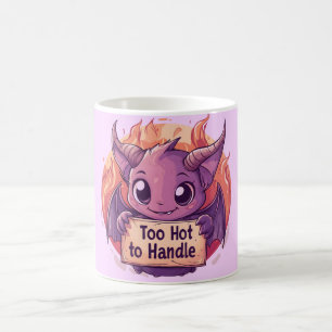 Niedlicher Dämon, der ein Zeichen "Zu heiß zu hand Kaffeetasse