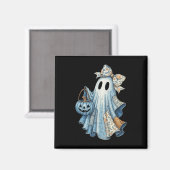 Niedlicher Denim Ghost mit Blumenkeule Halloween-Ä Magnet (Vorderseite/Rückseite)