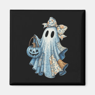 Niedlicher Denim Ghost mit Blumenkeule Halloween-Ä Magnet