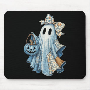 Niedlicher Denim Ghost mit Blumenkeule Halloween-Ä Mousepad
