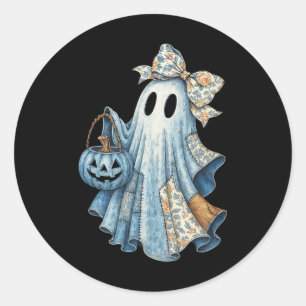 Niedlicher Denim Ghost mit Blumenkeule Halloween-Ä Runder Aufkleber