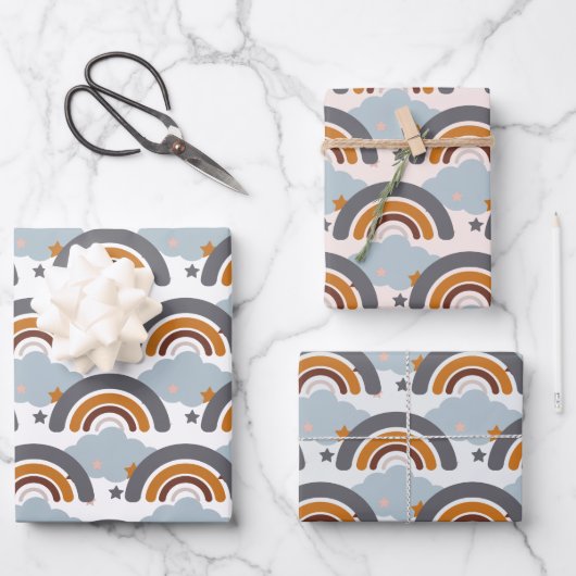 Niedlicher dicker Boho Kid's Pastel Rainbow, Cloud Geschenkpapier Set (Vorderseite)