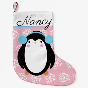 Niedlicher dicker Pinguin mit Schneeflocken Kleiner Weihnachtsstrumpf