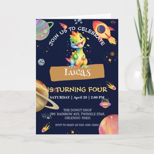 Niedlicher Dinosaur Regenbogen Galaxy Weltraum Geb Einladung (Vorderseite)