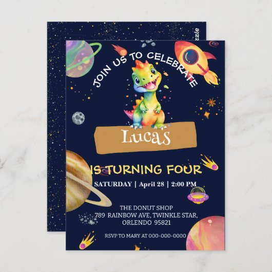 Niedlicher Dinosaur Regenbogen Galaxy Weltraum Geb Postkarte (Vorne/Hinten)