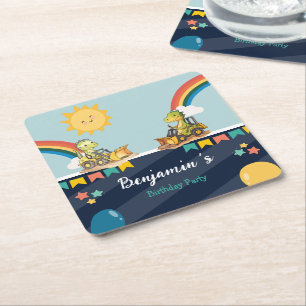 Niedlicher Dinosaurier Bagger Traktor Regenbogen G Rechteckiger Pappuntersetzer