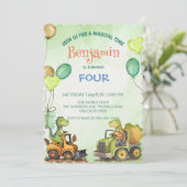 Niedlicher Dinosaurier Bagger Traktorballon Geburt Einladung (Stehend Vorderseite)