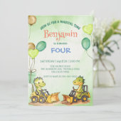 Niedlicher Dinosaurier Bagger Traktorballon Geburt Einladung (Stehend Vorderseite)