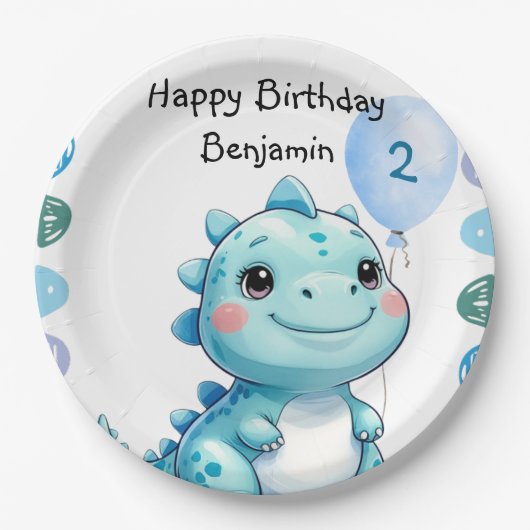 Niedlicher Dinosaurier brüllt Junge Happy Geburtst Pappteller (Vorderseite)