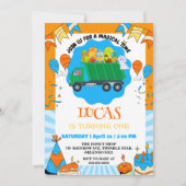 Niedlicher Dinosaurier bunter Müllwagen Geburtstag Einladung (Vorderseite)