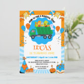 Niedlicher Dinosaurier bunter Müllwagen Geburtstag Einladung (Stehend Vorderseite)