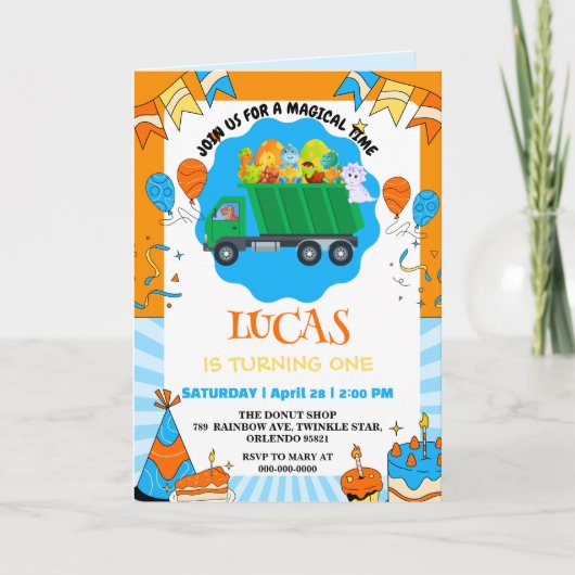 Niedlicher Dinosaurier bunter Müllwagen Geburtstag Einladung (Vorderseite)