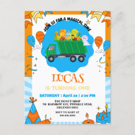 Niedlicher Dinosaurier bunter Müllwagen Geburtstag Einladungspostkarte