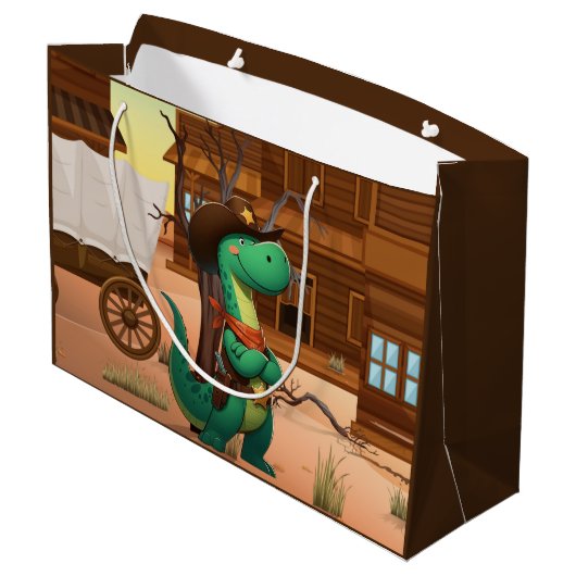 Niedlicher Dinosaurier/Cowboy Große Geschenktüte (Rückseite Schrägansicht)