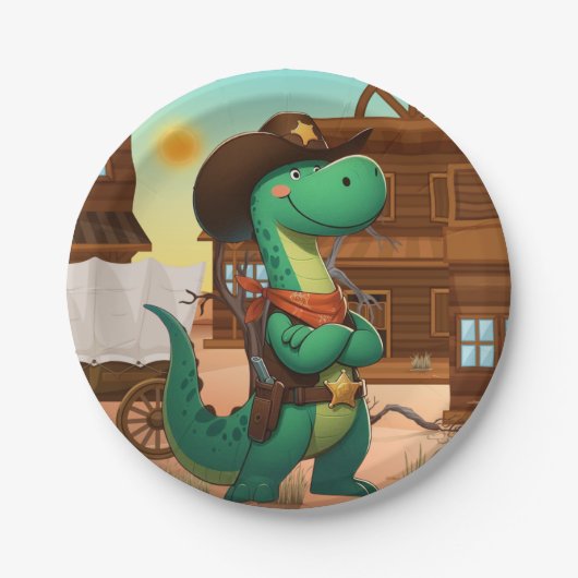 Niedlicher Dinosaurier/Cowboy Pappteller (Vorderseite)