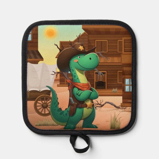 Niedlicher Dinosaurier/Cowboy Topflappen (Vorderseite)