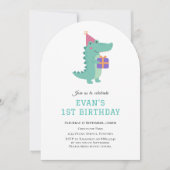 Niedlicher Dinosaurier Einladung zum 1. Geburtstag (Vorderseite)