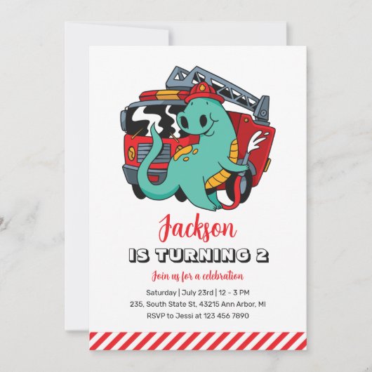 Niedlicher Dinosaurier Feuerwehrmann Kinder Dino G Einladung (Vorderseite)