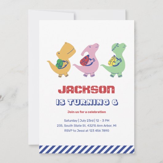 Niedlicher Dinosaurier geht zum Kindergeburtstag d Einladung (Vorderseite)