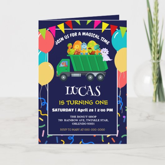 Niedlicher Dinosaurier Grüner Müllwagen Geburtstag Einladung (Vorderseite)