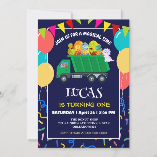 Niedlicher Dinosaurier Grüner Müllwagen Geburtstag Einladung (Vorderseite)