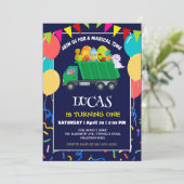 Niedlicher Dinosaurier Grüner Müllwagen Geburtstag Einladung (Stehend Vorderseite)