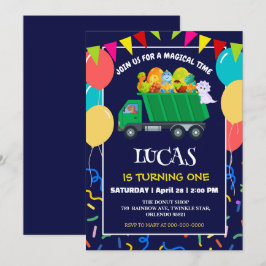 Niedlicher Dinosaurier Grüner Müllwagen Geburtstag Einladung