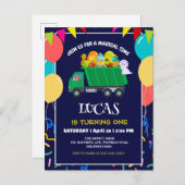 Niedlicher Dinosaurier Grüner Müllwagen Geburtstag Einladungspostkarte (Vorne/Hinten)