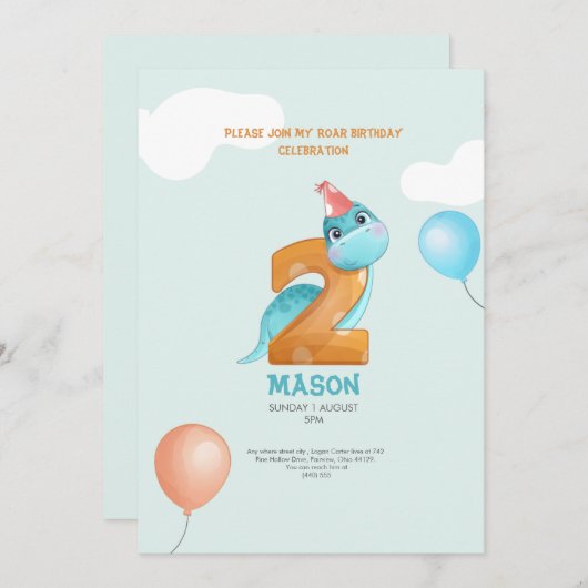 niedlicher Dinosaurier im 2. Einladung (Vorne/Hinten)