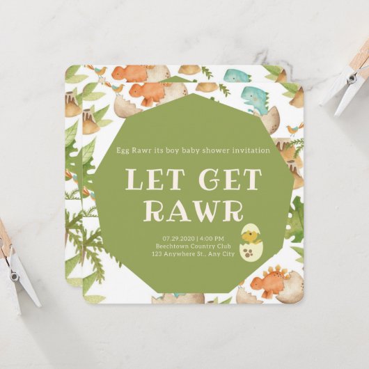 niedlicher Dinosaurier im Ei rawi eine Jungendusch Einladung (Vorderseite/Rückseite Beispiel)