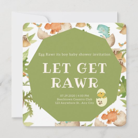 niedlicher Dinosaurier im Ei rawi eine Jungendusch Einladung (Vorderseite)