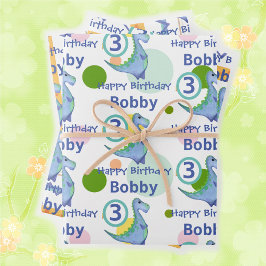 Niedlicher Dinosaurier-Junge 3. Geburtstag Geschenkpapier Set