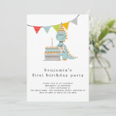 Niedlicher Dinosaurier Kuchen 1. Geburtstag Einladung (Stehend Vorderseite)