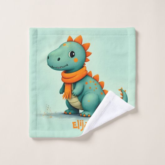 Niedlicher Dinosaurier mit einem Orangen Scarf Badhandtuch Set (Waschlappen)