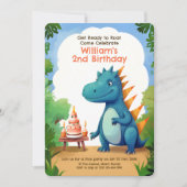 Niedlicher Dinosaurier mit Kuchen | Dino Kindergeb Einladung (Vorderseite)