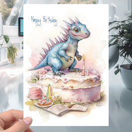 Niedlicher Dinosaurier mit Kuchen - Kindergeburtst Karte