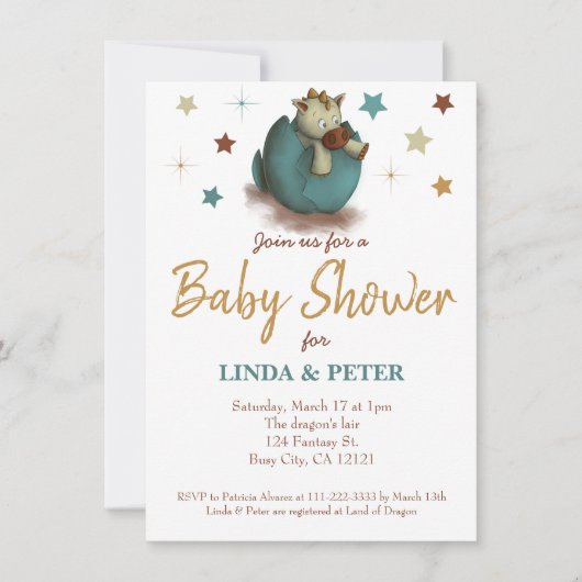 Niedlicher Dinosaurier mit neutraler Babydusche Einladung (Vorderseite)