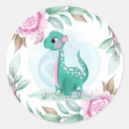Niedlicher Dinosaurier mit Pink Peony Baby Dusche Runder Aufkleber