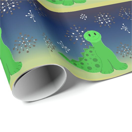 Niedlicher Dinosaurier mit Schneeflocken Geschenkpapier (Rolleneckpunkt)