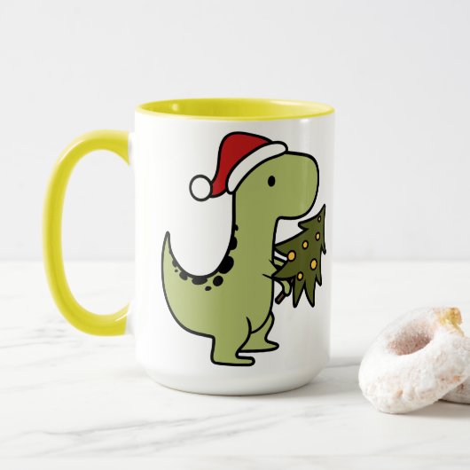 Niedlicher Dinosaurier mit Weihnachtsbaum Tasse (Mit Donut)