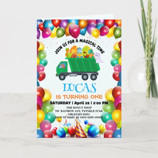 Niedlicher Dinosaurier Müllwagen Ballon Geburtstag Einladung (Vorderseite)