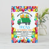 Niedlicher Dinosaurier Müllwagen Ballon Geburtstag Einladung (Stehend Vorderseite)