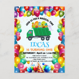 Niedlicher Dinosaurier Müllwagen Ballon Geburtstag Einladungspostkarte