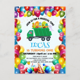 Niedlicher Dinosaurier Müllwagen Ballon Geburtstag Einladungspostkarte