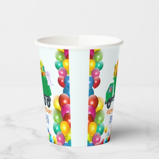 Niedlicher Dinosaurier Müllwagen Ballon Geburtstag Pappbecher (Links)