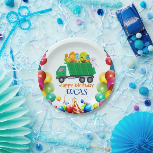 Niedlicher Dinosaurier Müllwagen Ballon Geburtstag Pappteller (Party)