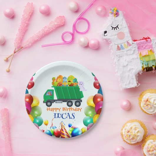 Niedlicher Dinosaurier Müllwagen Ballon Geburtstag Pappteller (Party)