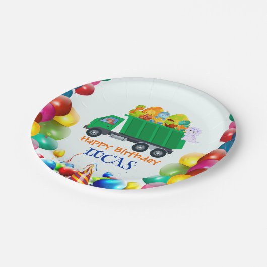 Niedlicher Dinosaurier Müllwagen Ballon Geburtstag Pappteller (Schrägansicht)